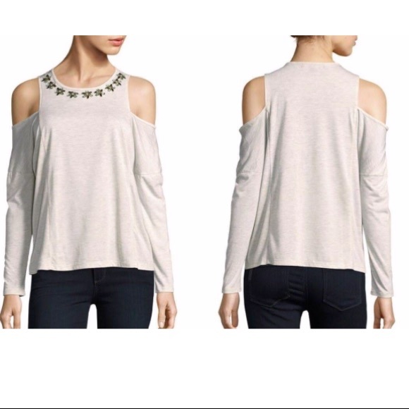 Romeo Juliet Cold Shoulder Top Shirt Blouse Small Beaded Neutral Color Outmeal - Picture 2 of 8